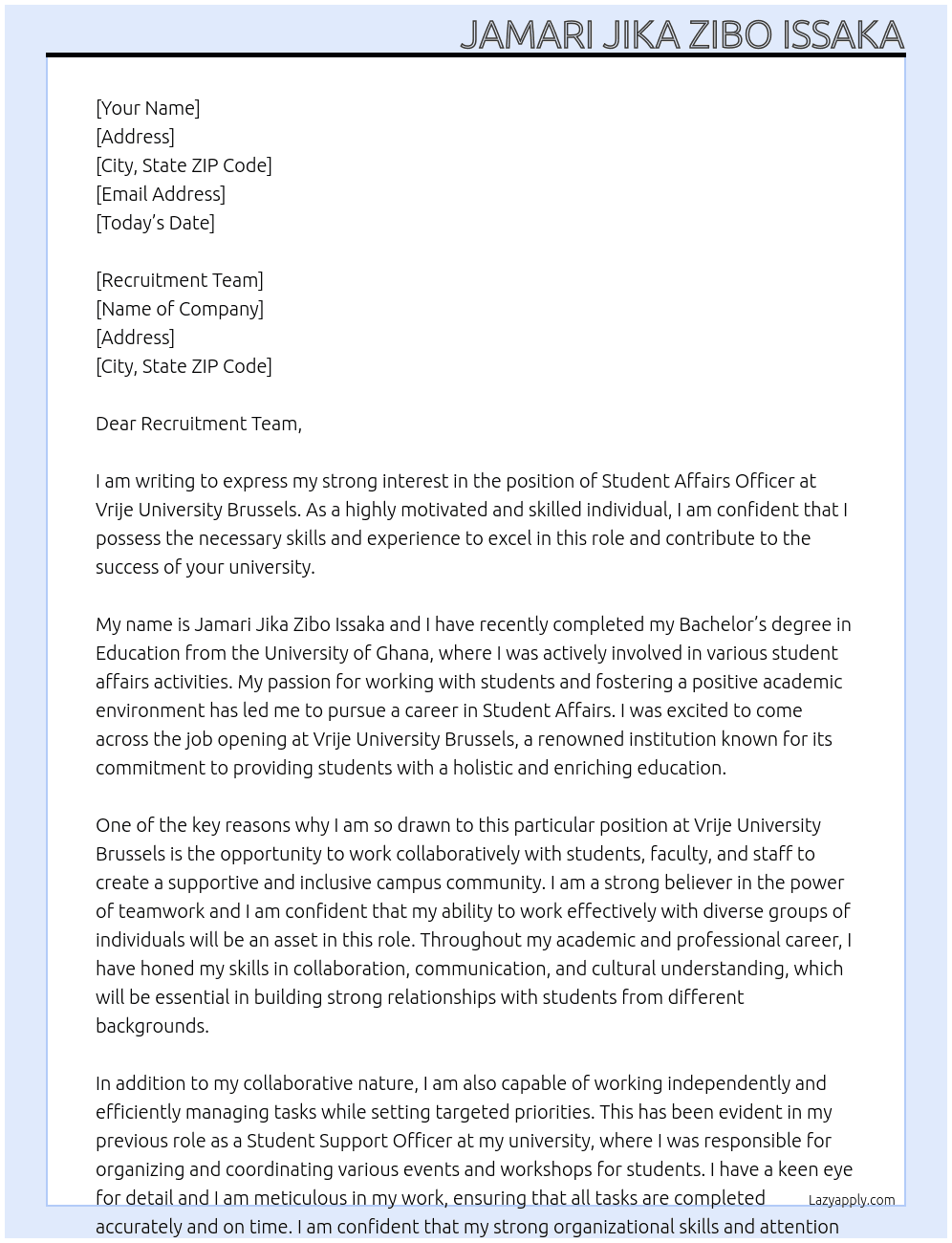 Student Affairs Officer At Vrije University Brussels Cover Letter
