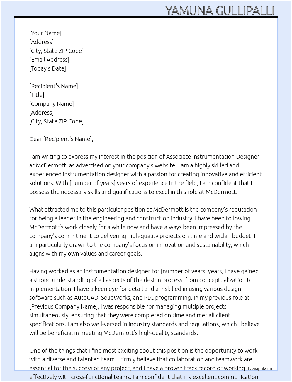 Associate instrumentation designer  At McDermott Cover Letter
