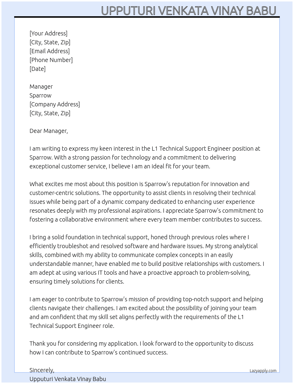 L1 technical support engineer  At Sparrow  Cover Letter