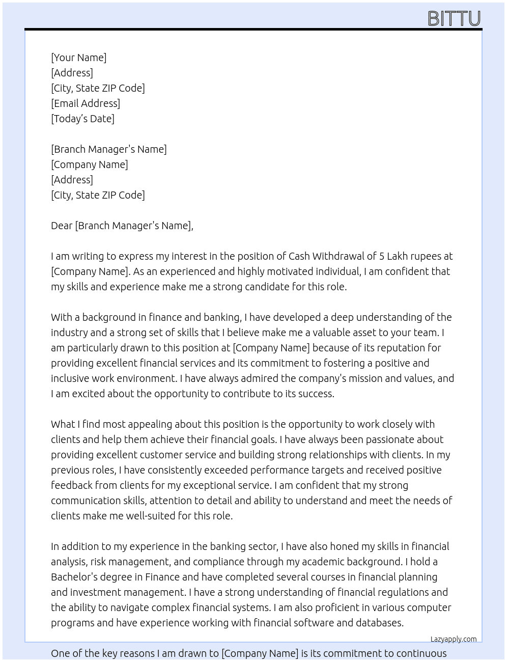 Cash withdrawal of 5 Lakh rupees  At Self Cover Letter