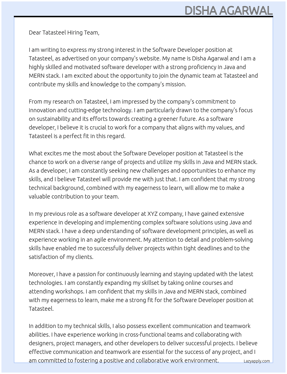 Software developer At tatasteel Cover Letter