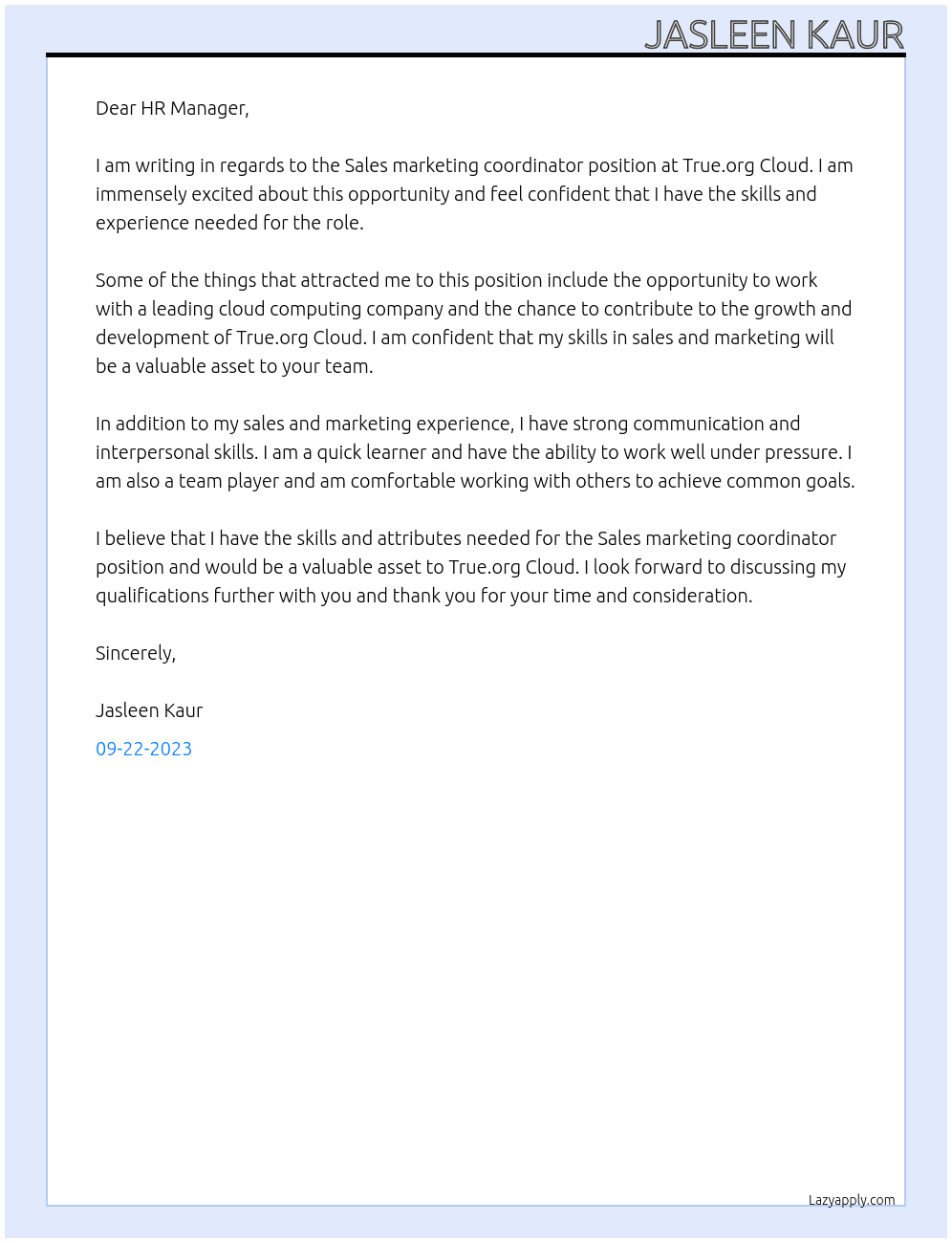 Sales marketing coordinator  At True.org Cloud Cover Letter