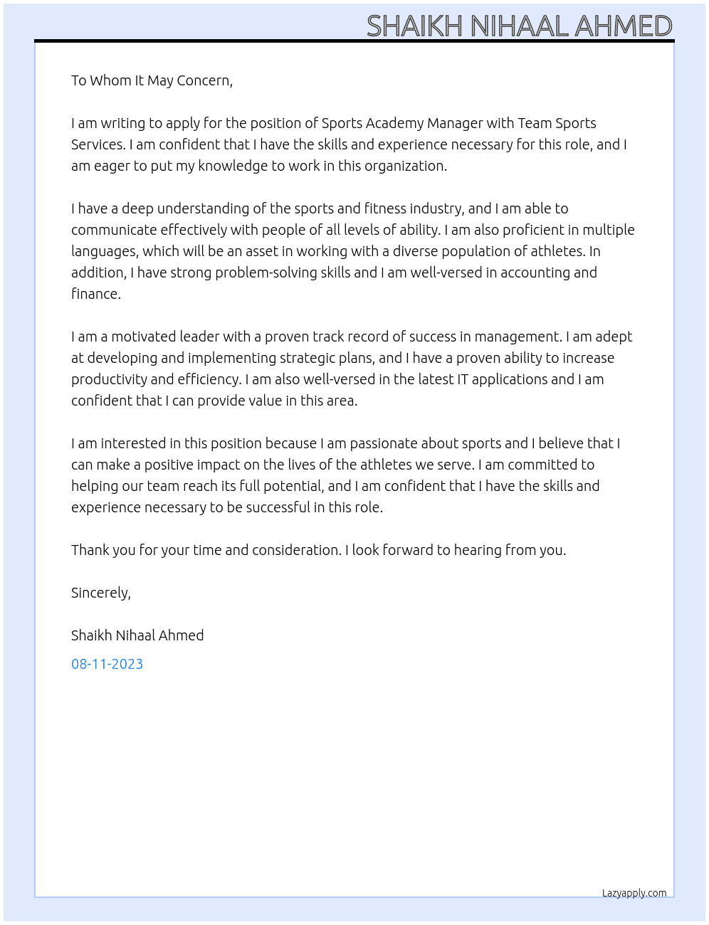 Sports Academy Manager At Team Sports Services Cover Letter