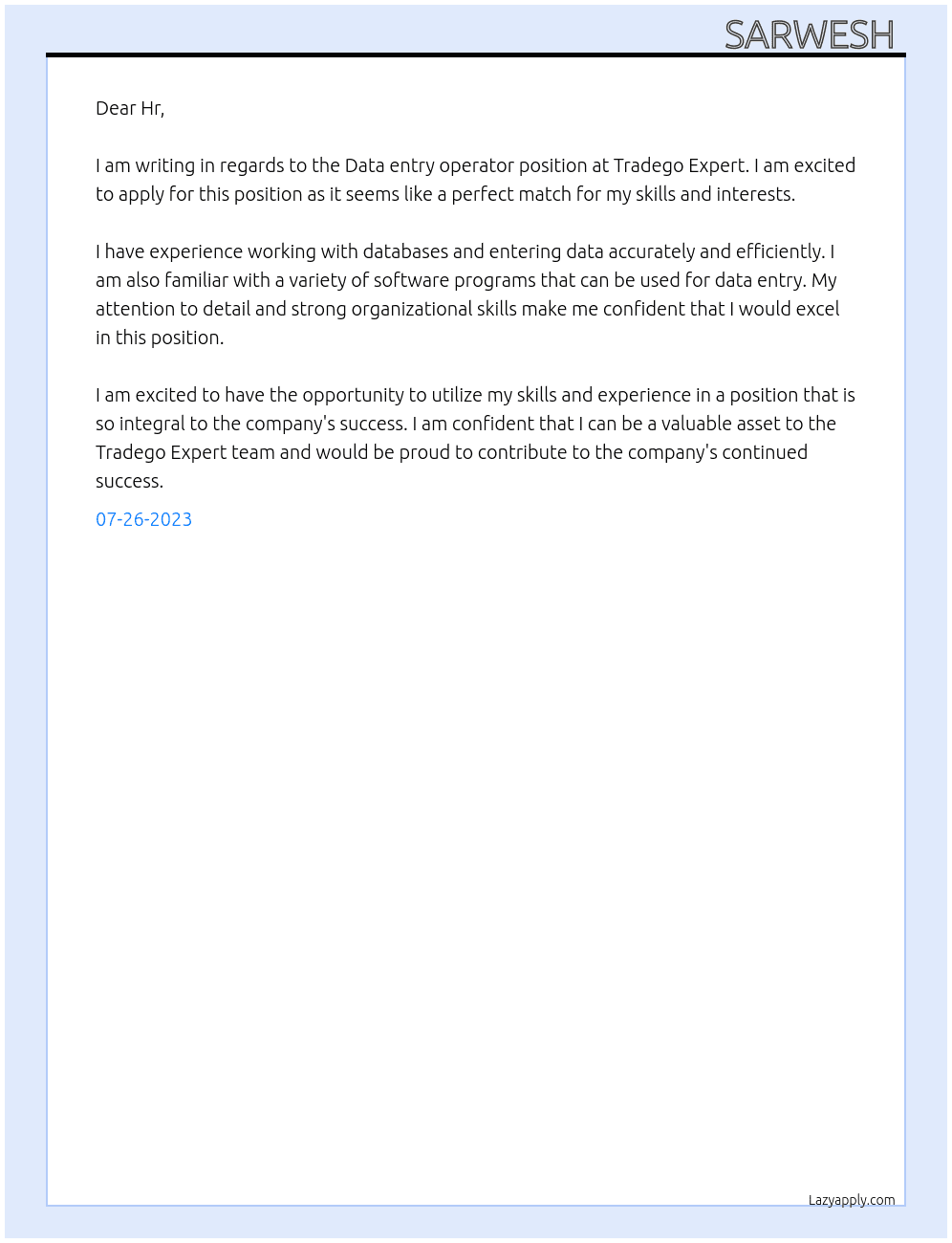 Data entry operator  At Tradego Expert Cover Letter