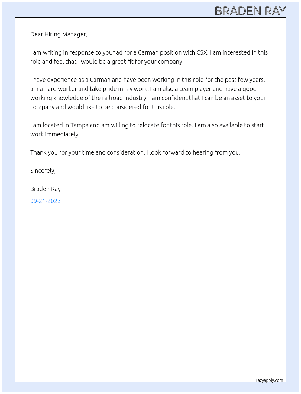 Carman At CSX Cover Letter