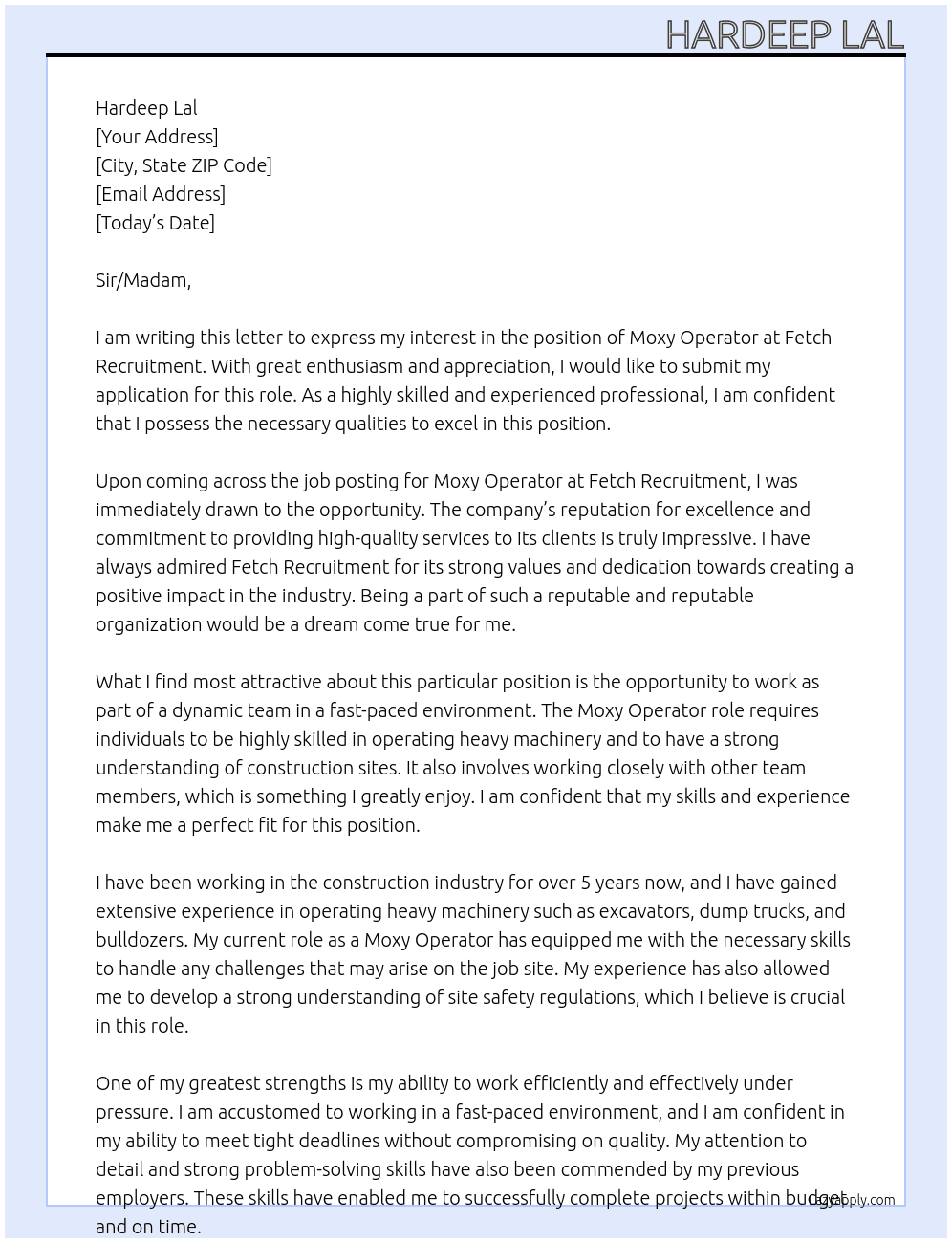 Moxy Operator At Fetch Recruitment Cover Letter