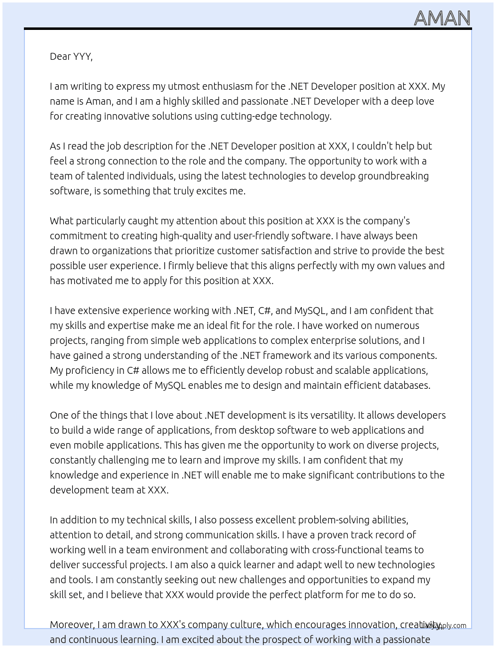 .NET Developer At XXX Cover Letter