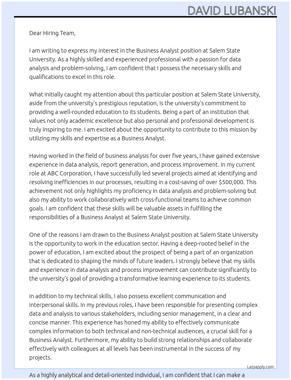 Business Analyst At Salem State University Cover Letter