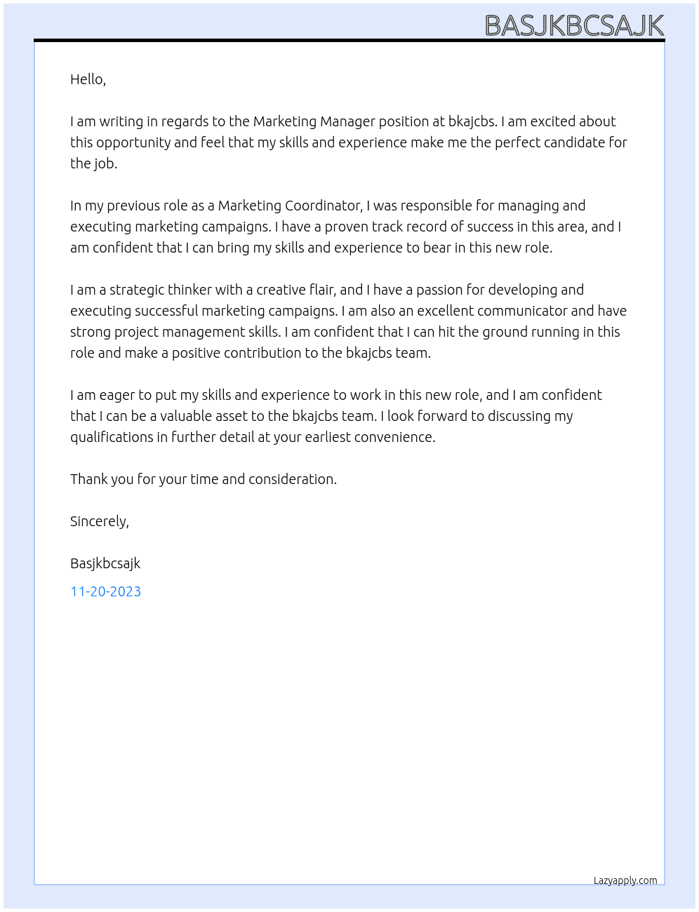 Marketing Manager At bkajcbs Cover Letter