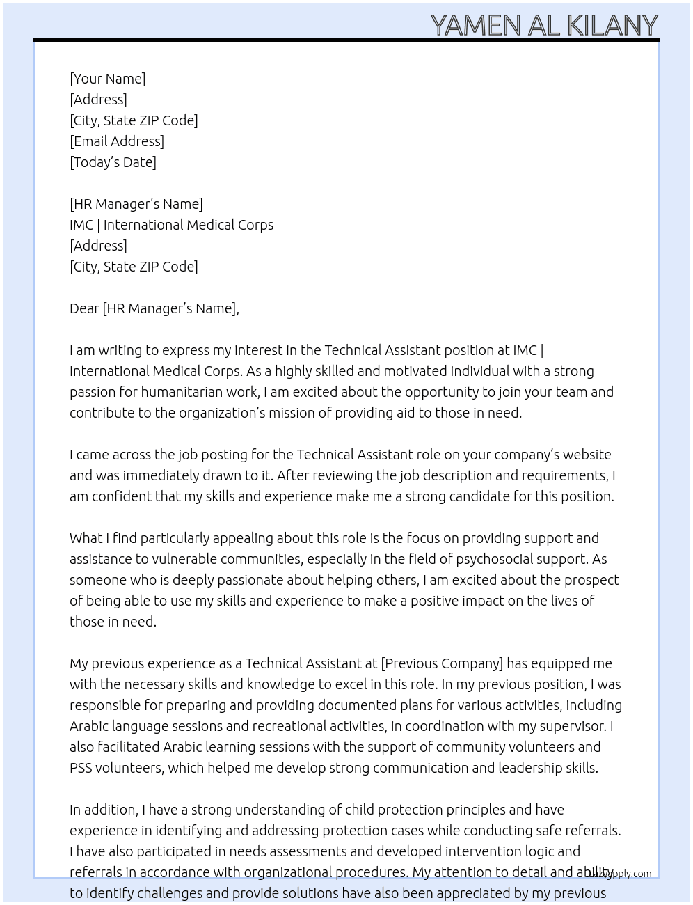 Technical Assistant  At IMC | International Medical Corps Cover Letter