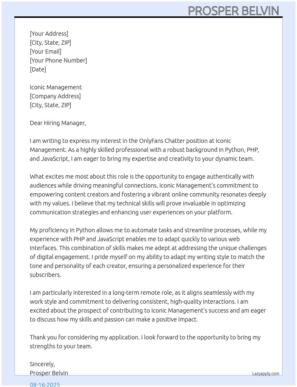 OnlyFans chatter  At Iconic management  Cover Letter