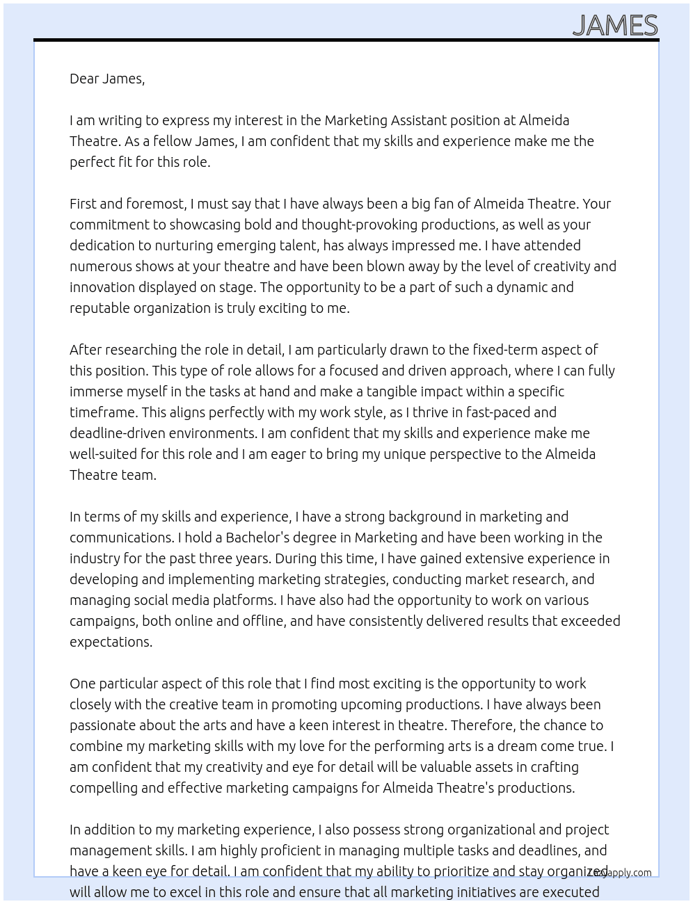 Marketing Assistant At Almeida Theatre Cover Letter