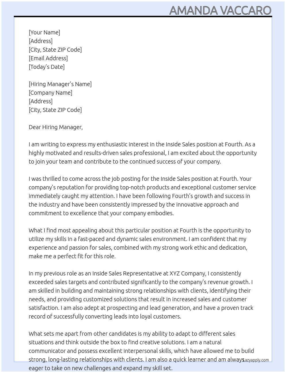 inside sales At Fourth Cover Letter