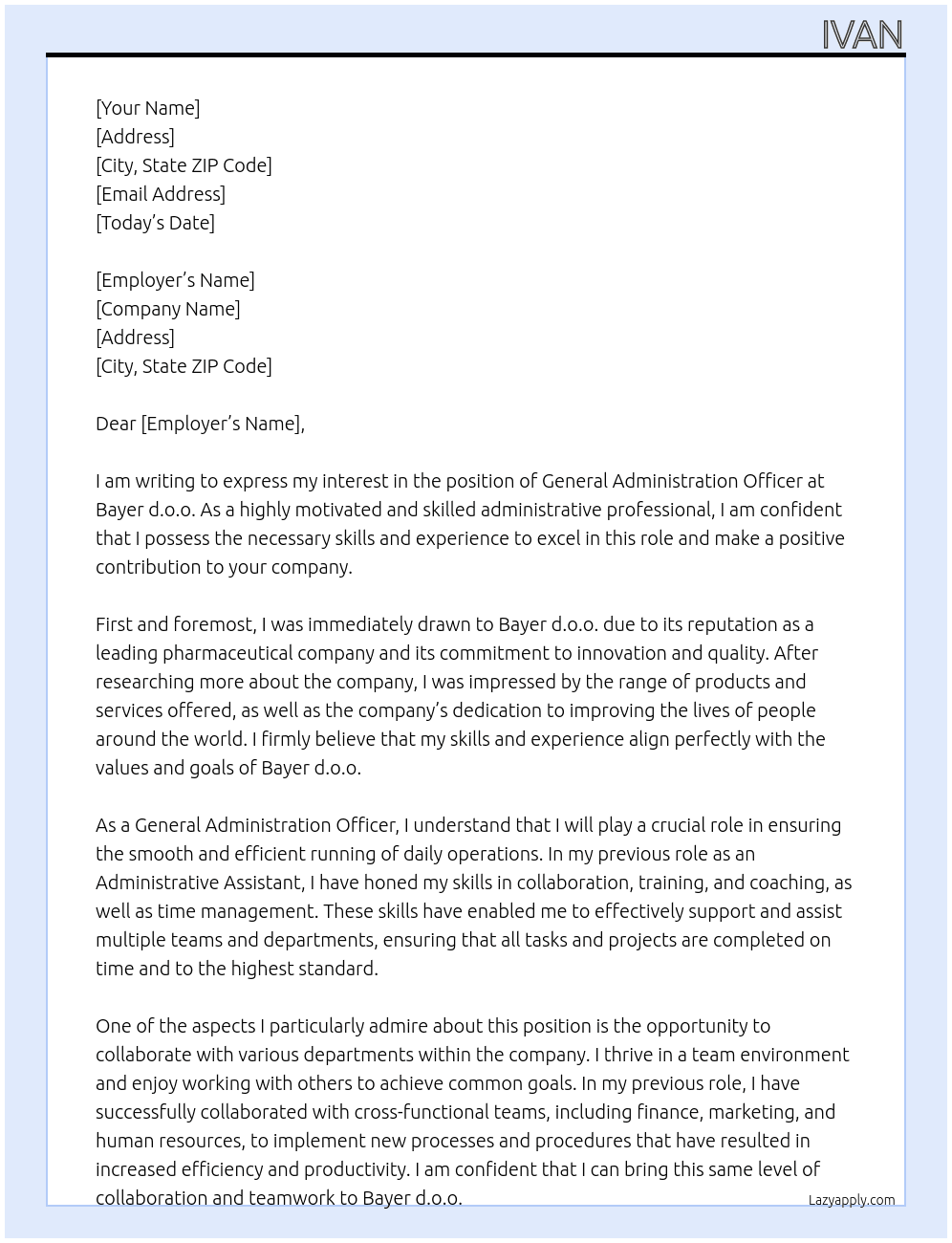 General Administration Officer At Bayer d.o.o. Cover Letter