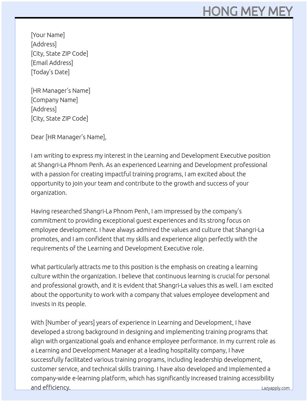 Learning and Development Executive At Shangkri-la Phnom Penh Cover Letter