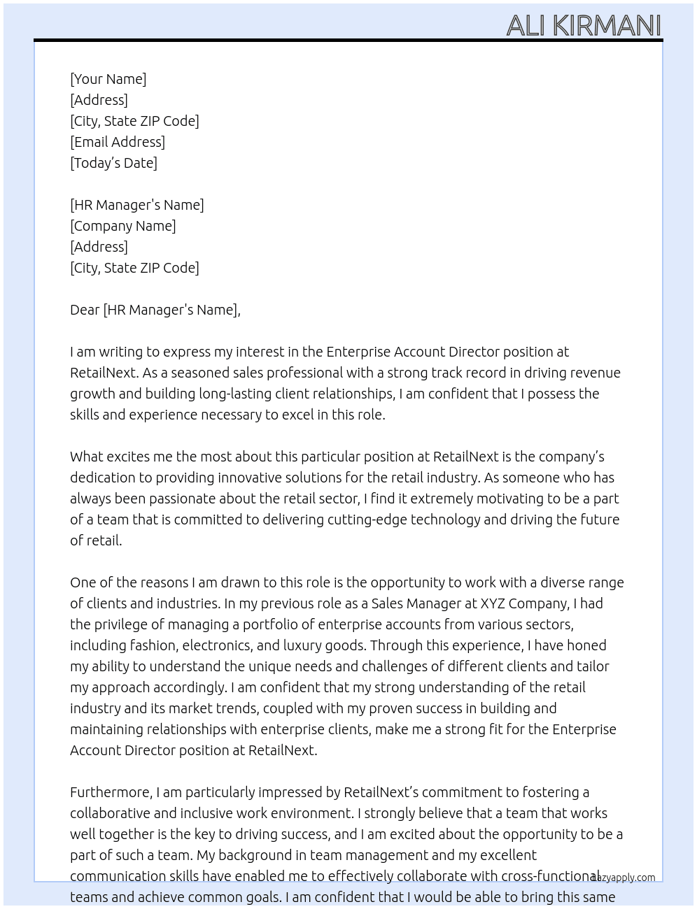Enterprise Account Director At RetailNext Cover Letter