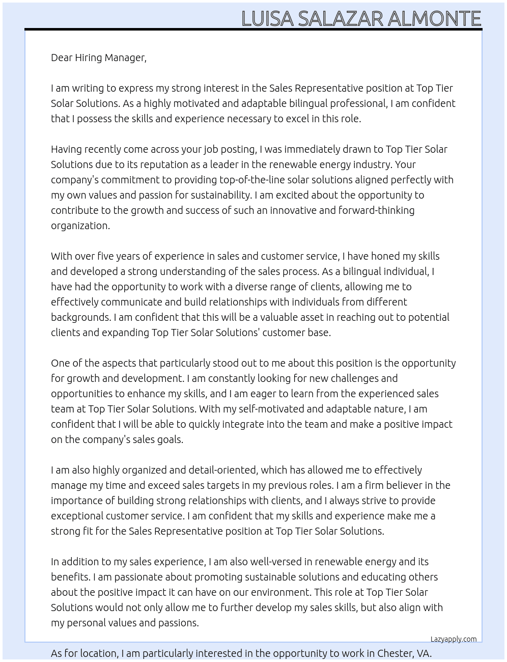 Sales representative At Top Tier Solar Solutions Cover Letter