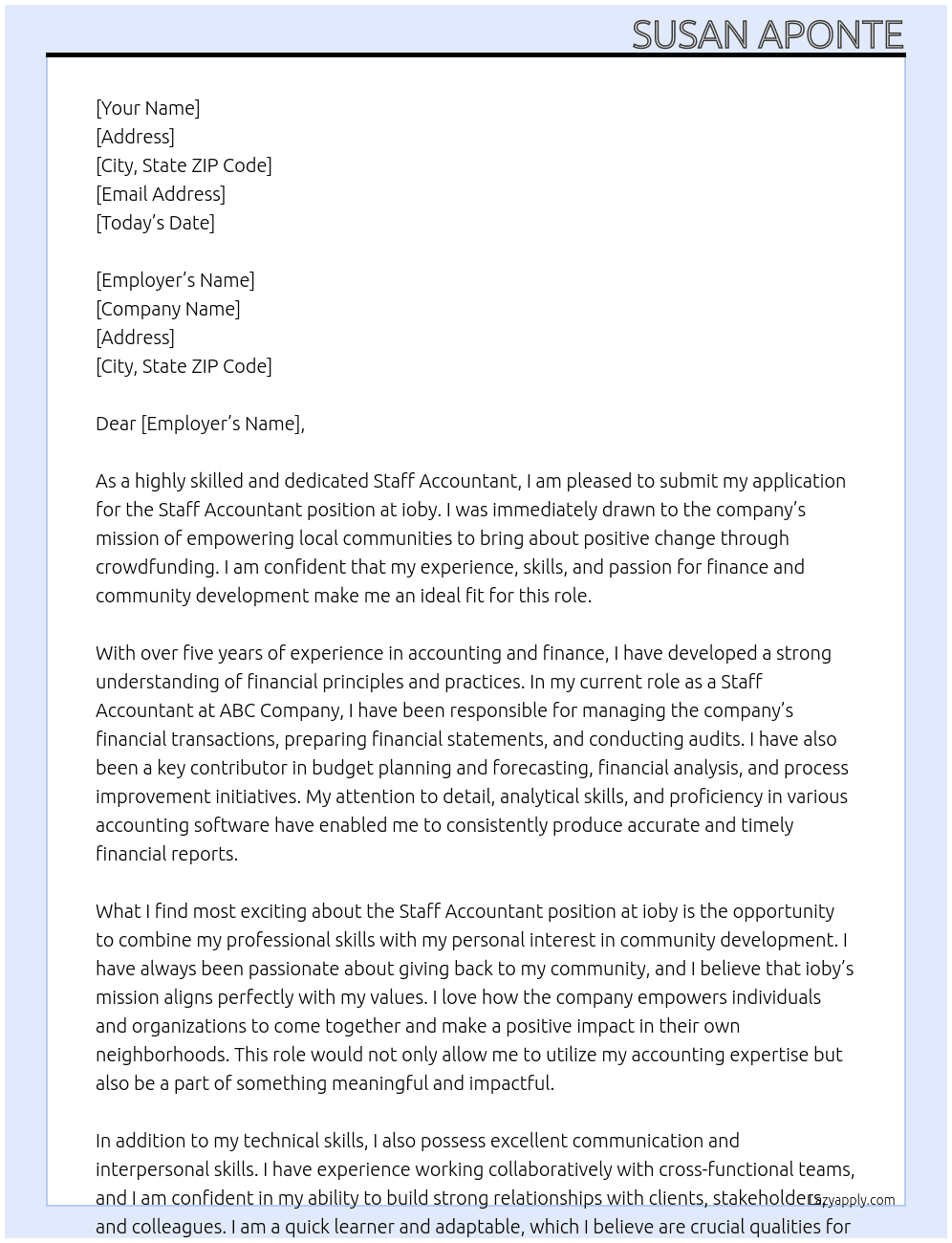 Staff Accountant At ioby Cover Letter