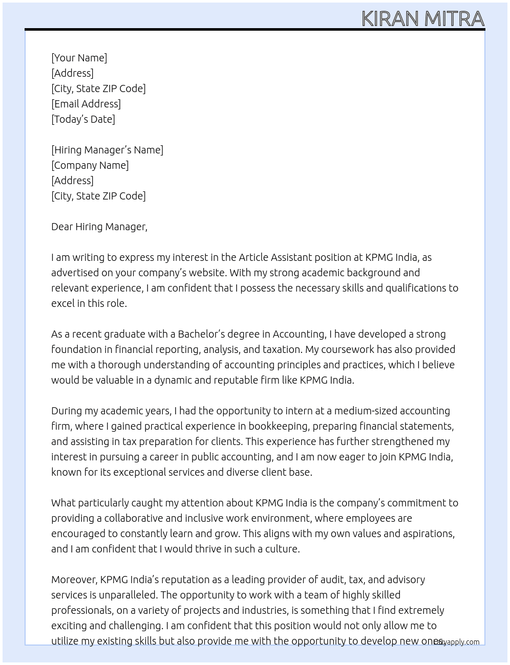 Article Assistant At KPMG India Cover Letter