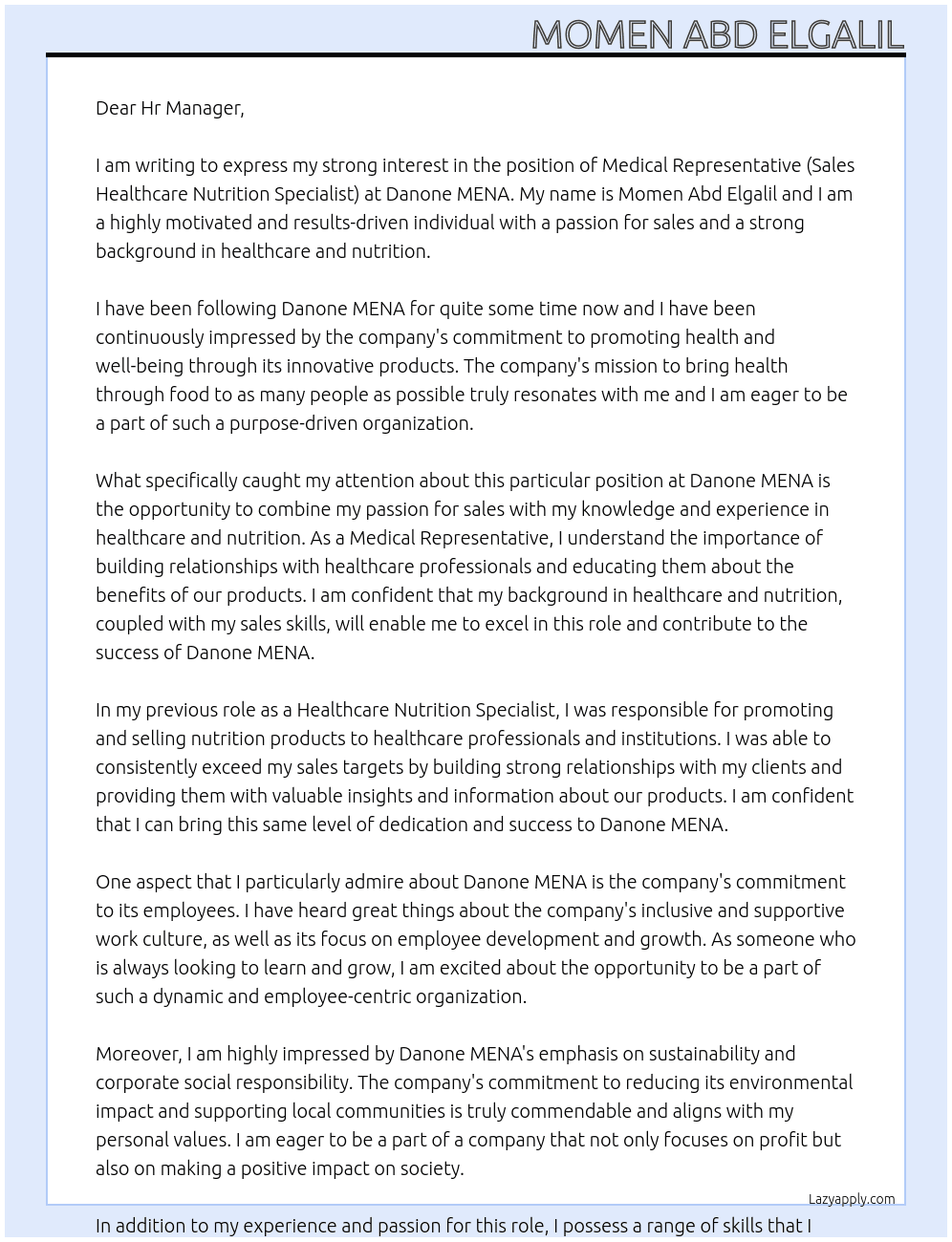 Medical representative (sales healthcare nutrition specialist) At Danone MENA Cover Letter