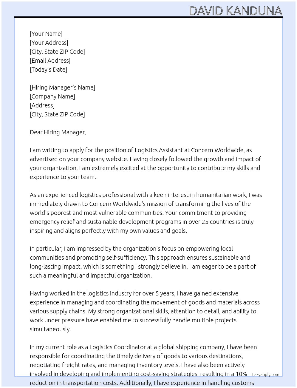 Logistics Assistant  At CONCERN WORLDWIDE  Cover Letter