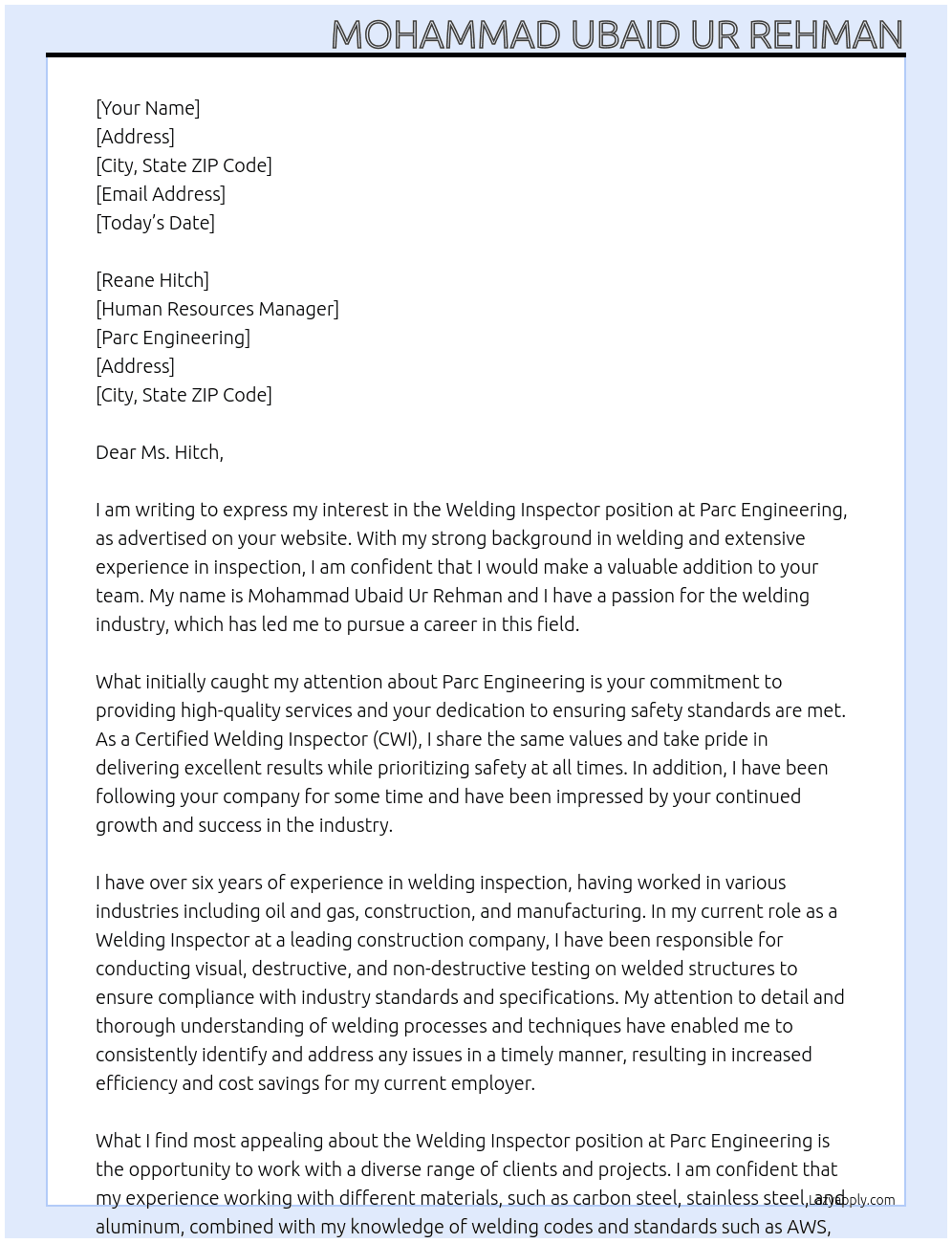 Welding Inspector At parc engineering  Cover Letter