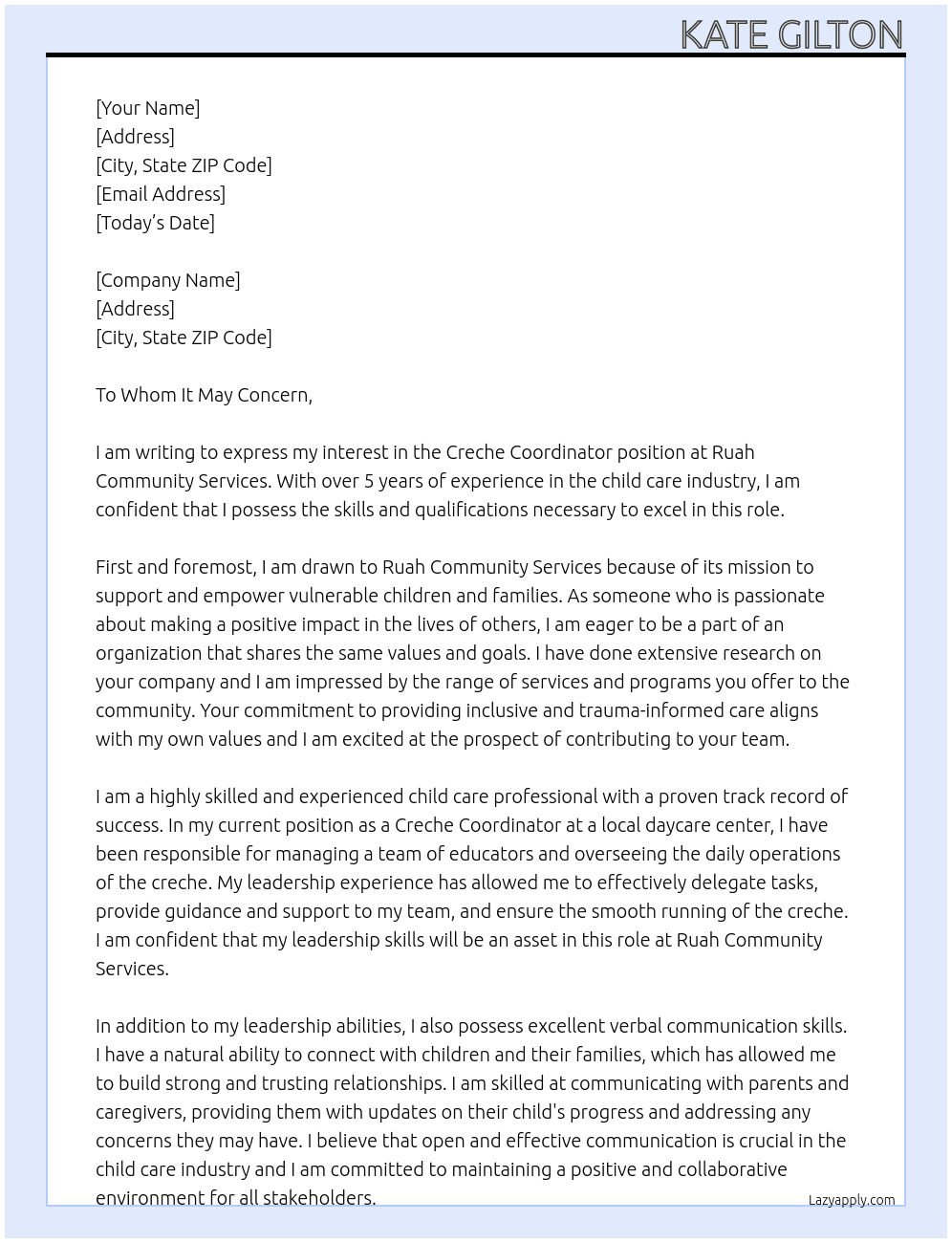 Creche Coordinator At Ruah Community Services Cover Letter