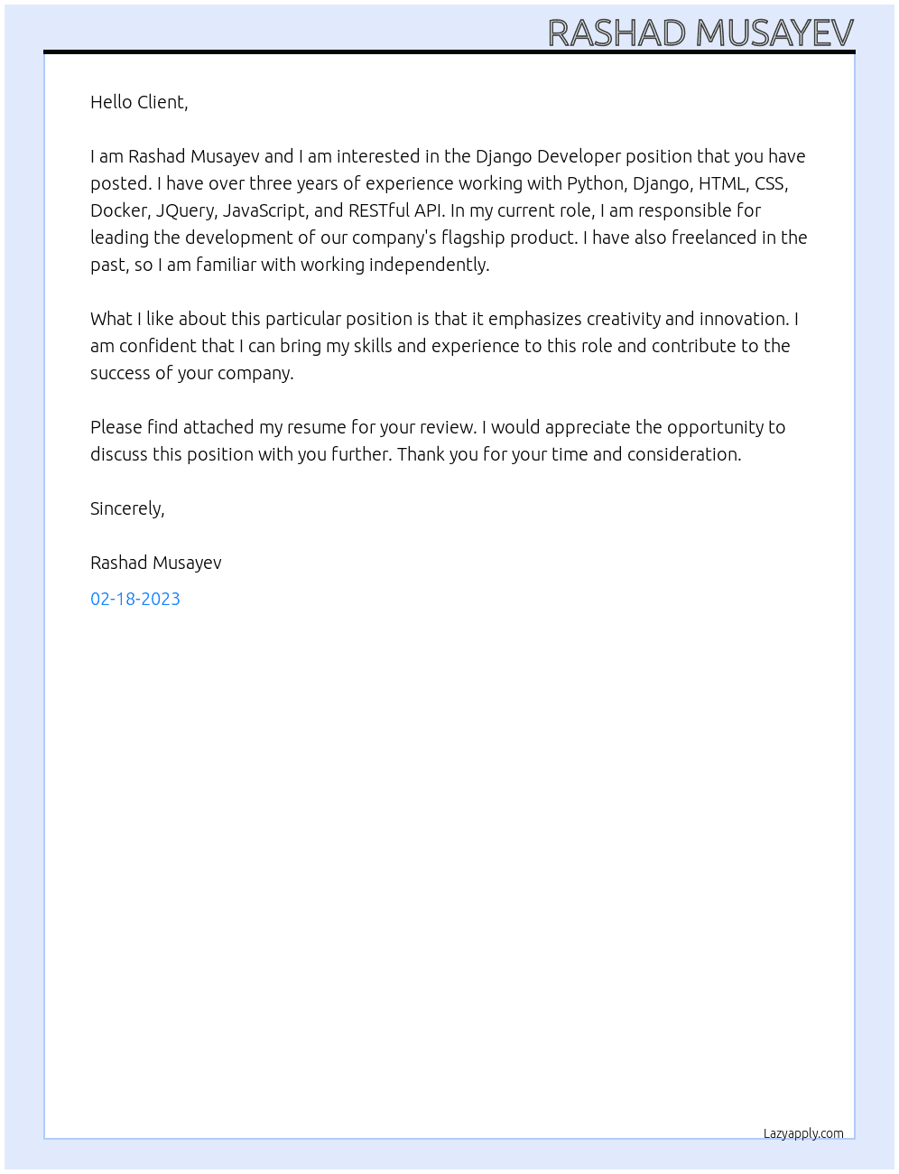 Django Developer At Client Cover Letter