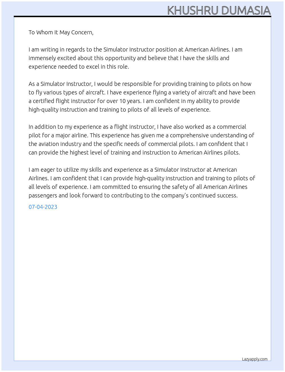 Simulator Instructor At american airlines Cover Letter