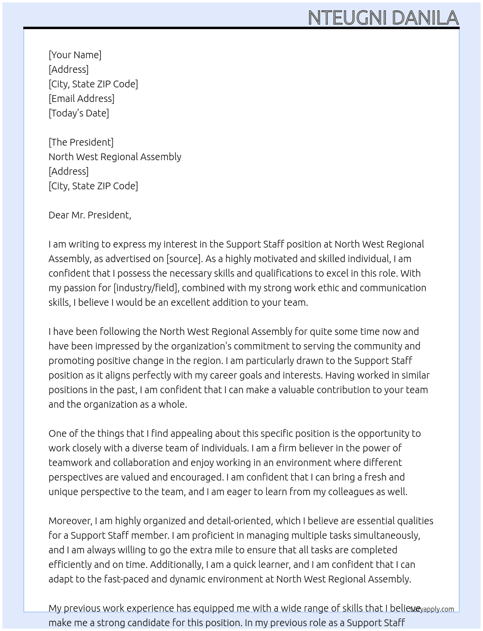 Support Staff At North West Regional Assembly Cover Letter