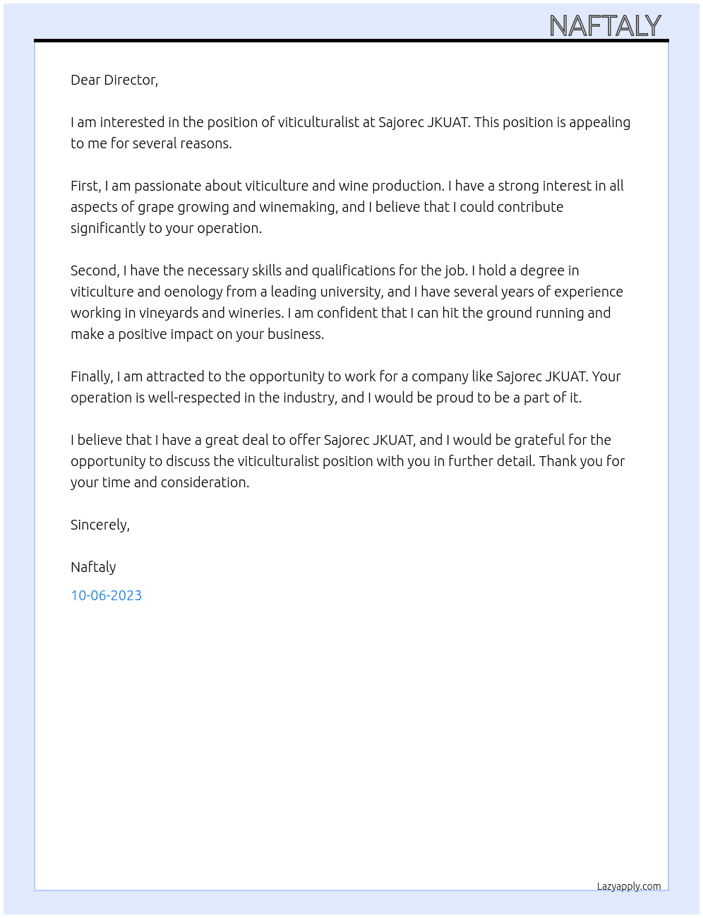 viticulturalist At Sajorec JKUAT Cover Letter