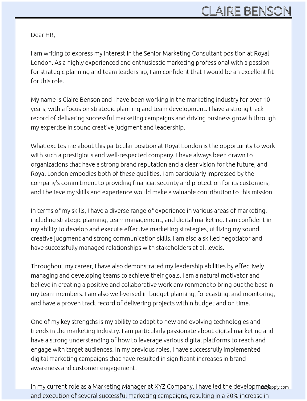 Senior Marketing Consultant At Royal London Cover Letter