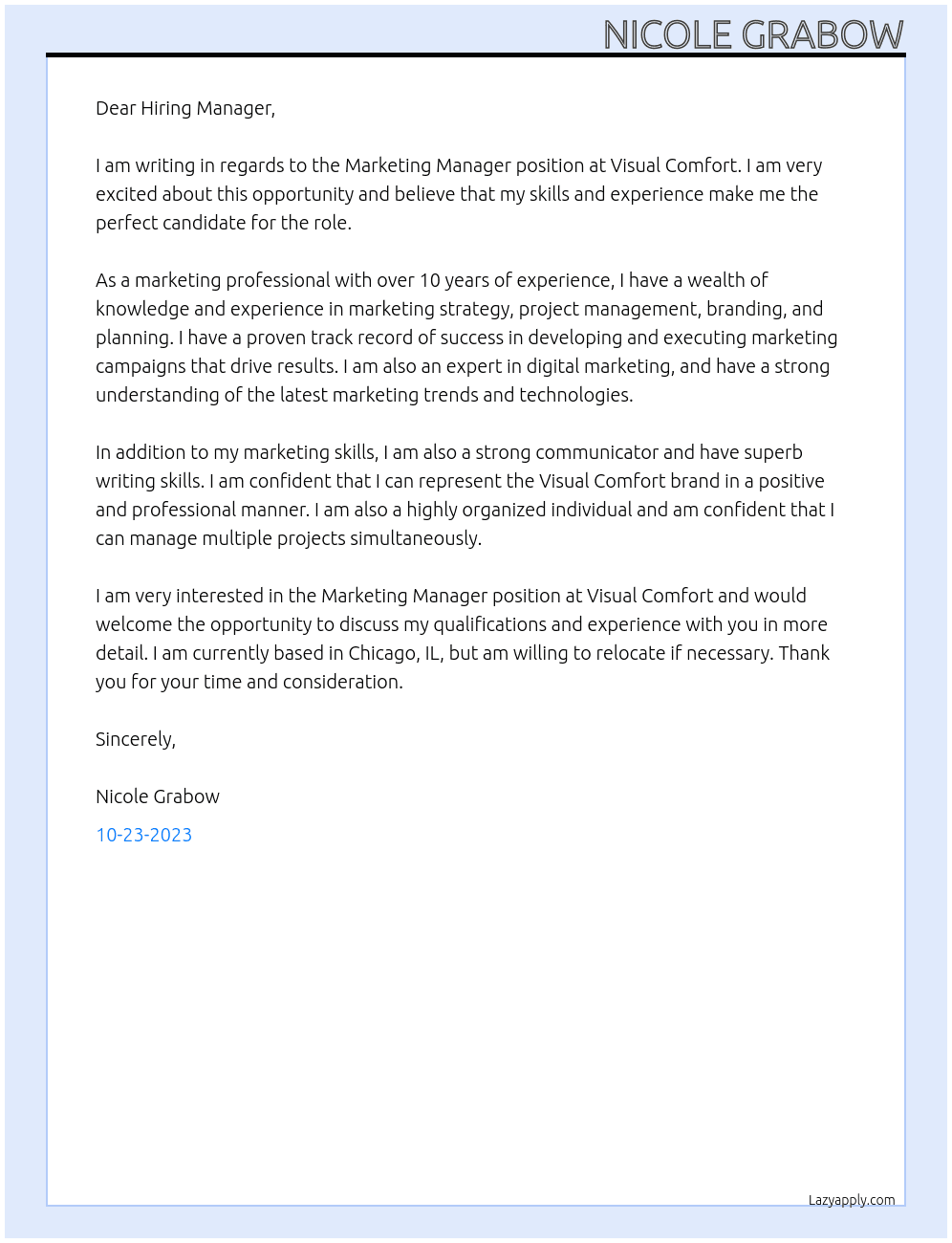 Marketing Manager At Visual Comfort Cover Letter