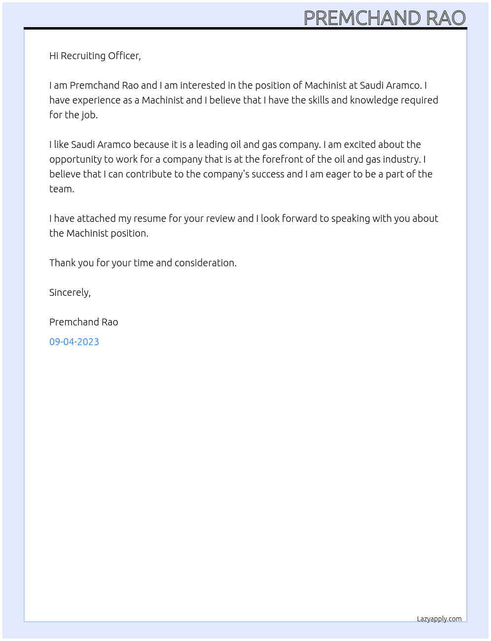 Machinist  At Saudi aramco Cover Letter