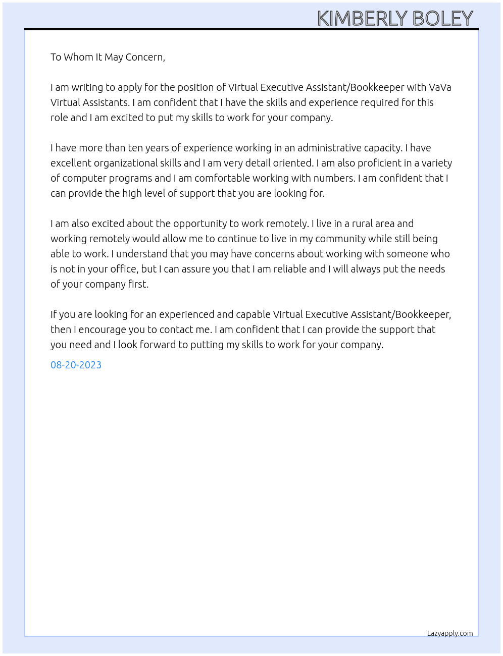 Virtual Executive Assistant/Bookkeeper At VaVa Virtual Assistants  Cover Letter