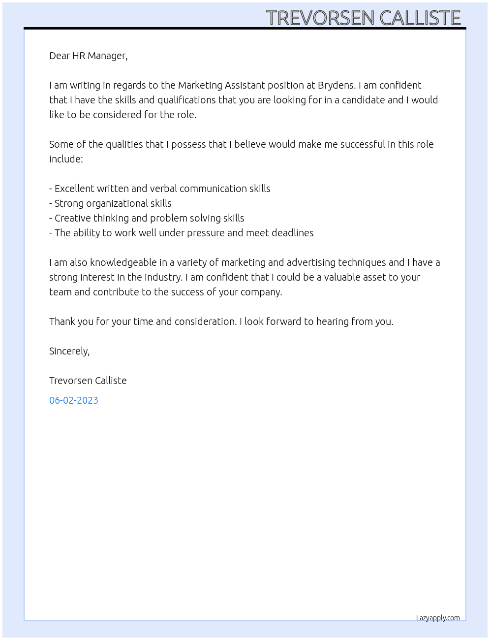 Marketing Assistant  At Brydens  Cover Letter