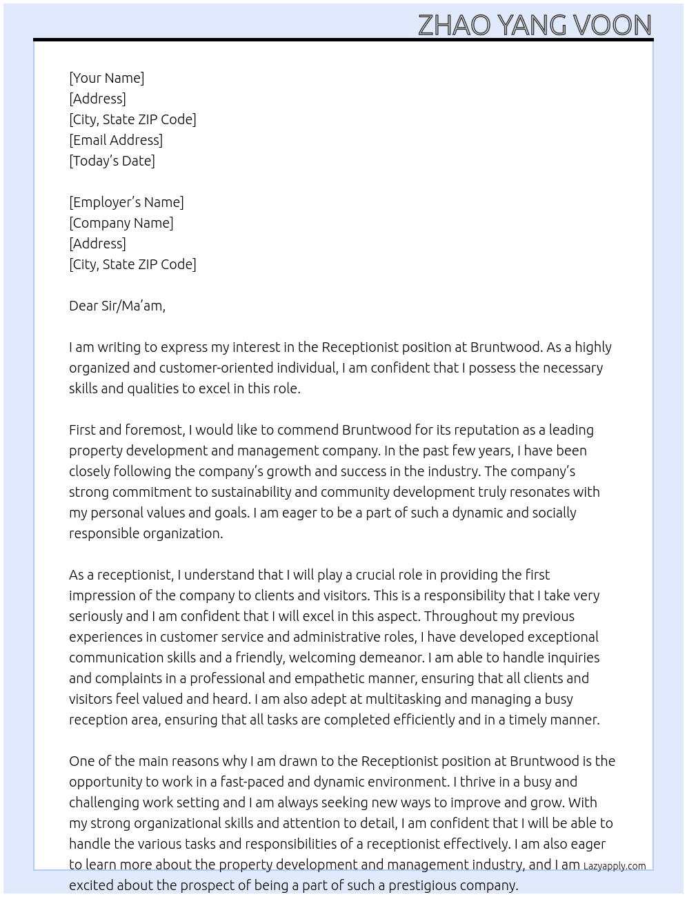 Receptionist At Bruntwood Cover Letter