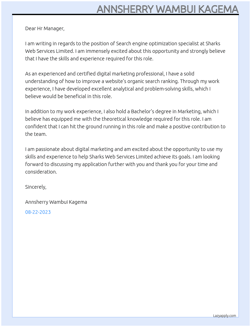 Search engine optimization specialist At Sharks Web Services Limited Cover Letter