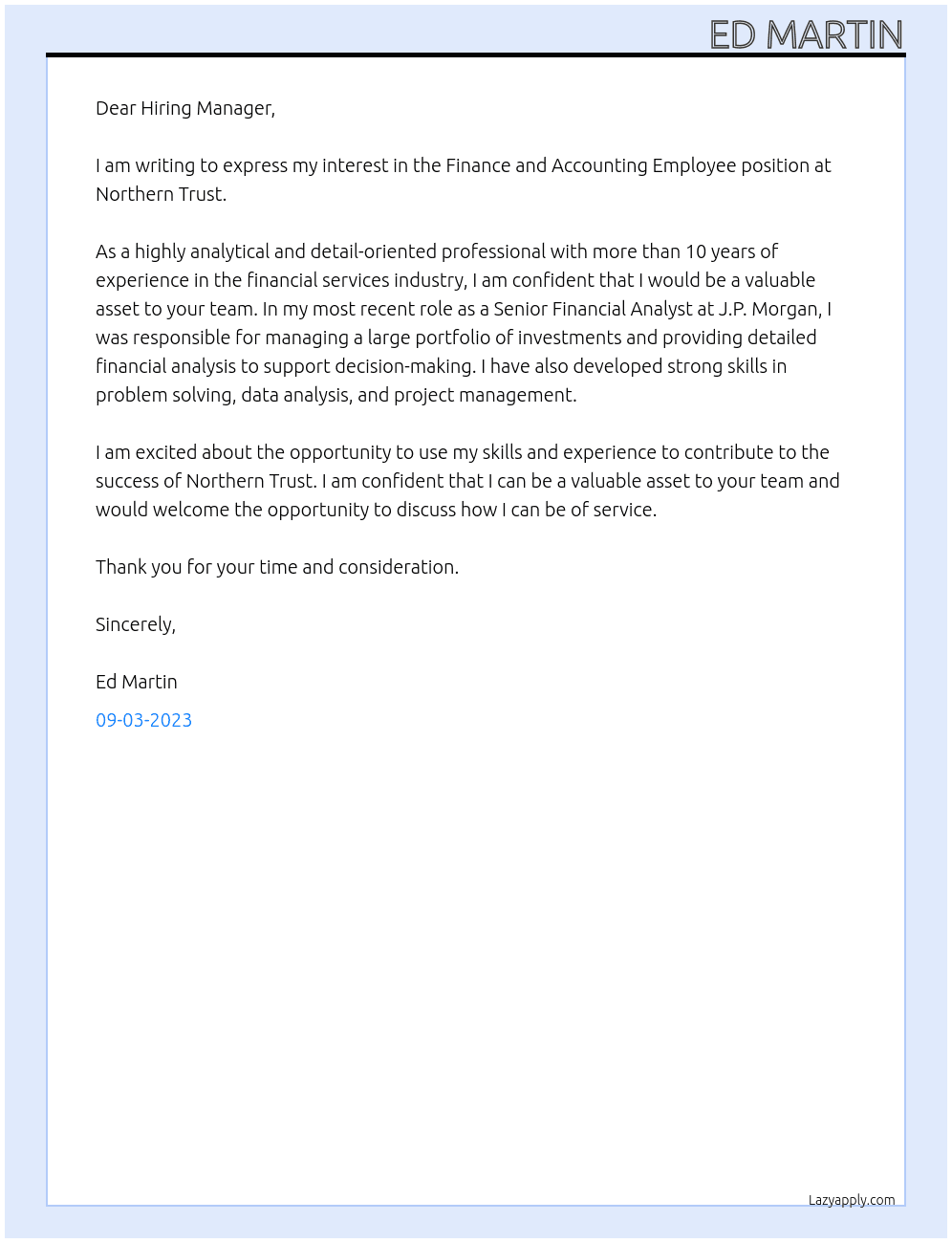 Finance and Accounting Employee At Northern Trust Cover Letter