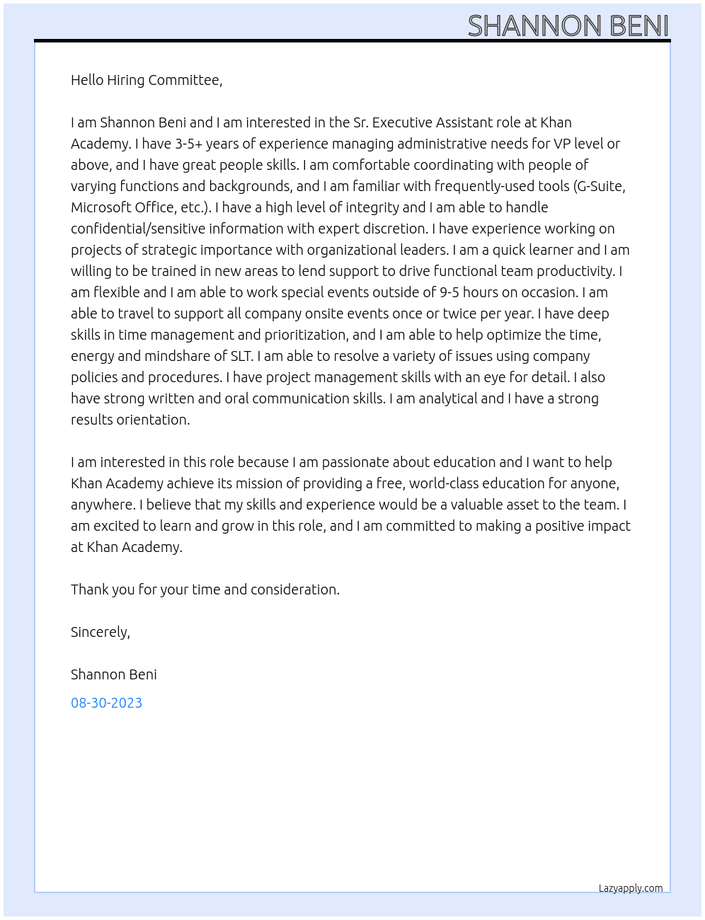Sr. Executive Assistant At Khan Academy Cover Letter