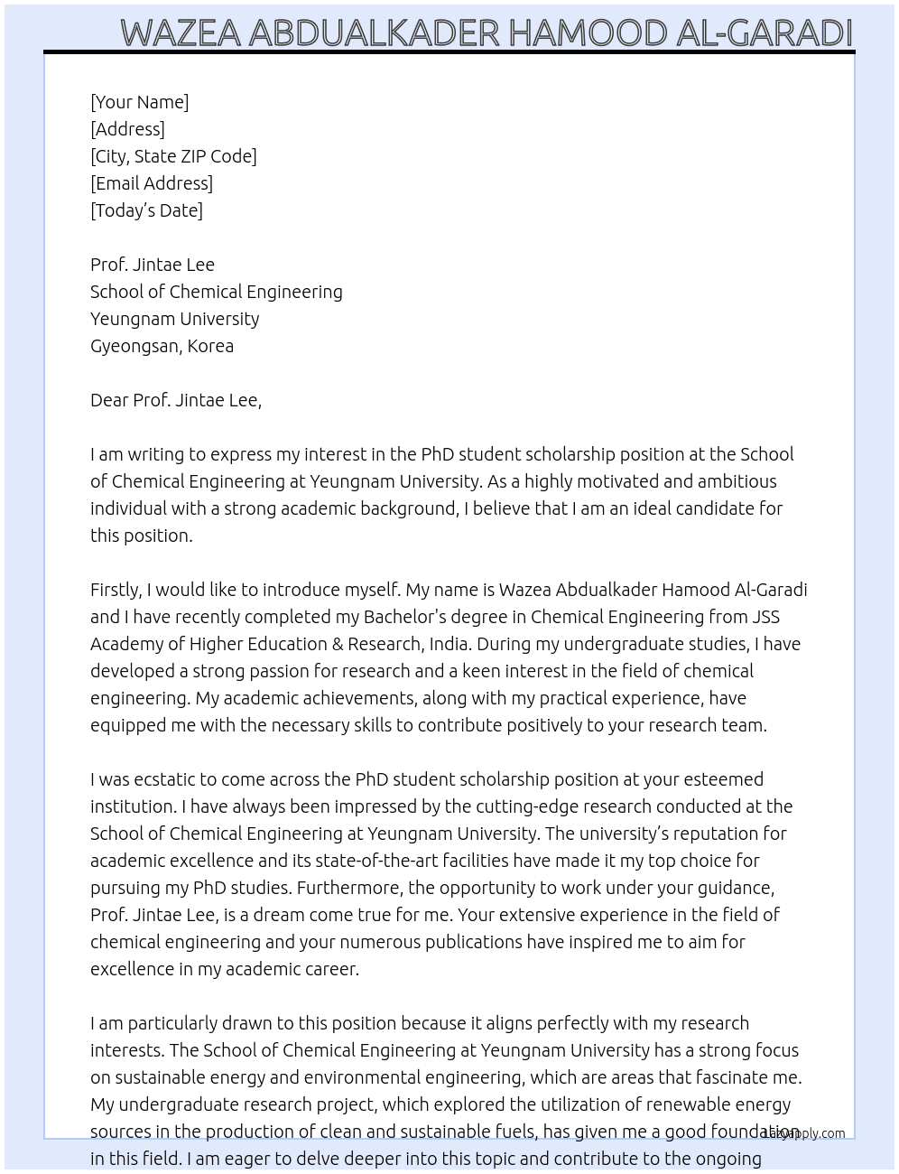 PhD student scholarship  At School of Chemical Engineering at Yeungnam University, Gyeongsan, Korea. Cover Letter