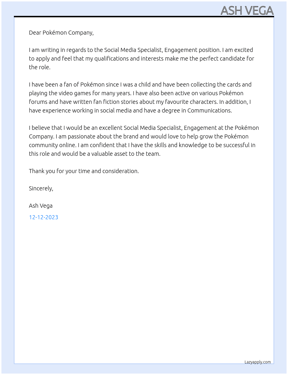 Social Media Specialist, Engagement At Pokémon company Cover Letter