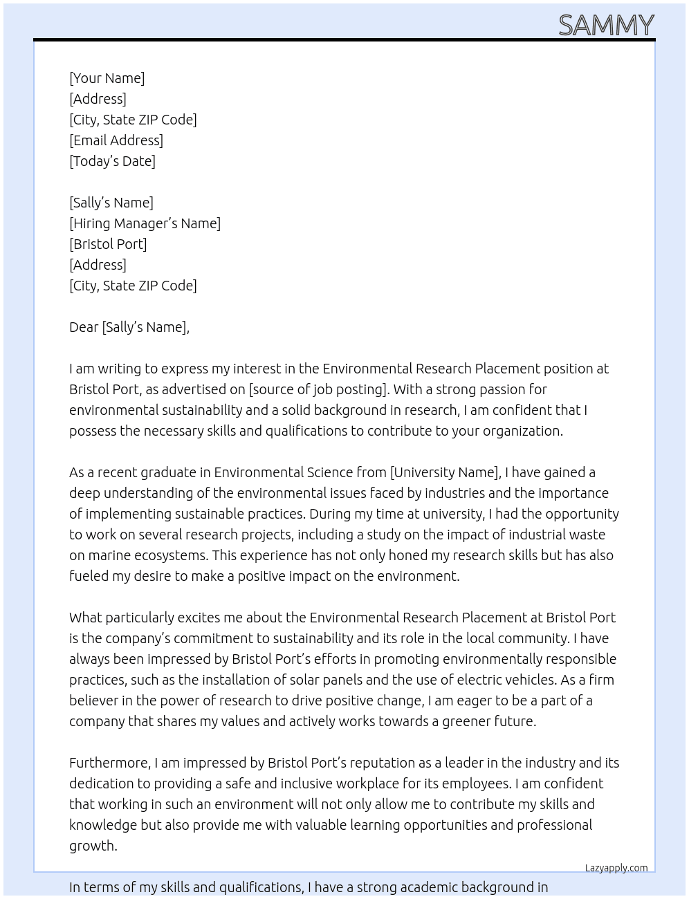 Environmental Research Placement At bristol port Cover Letter
