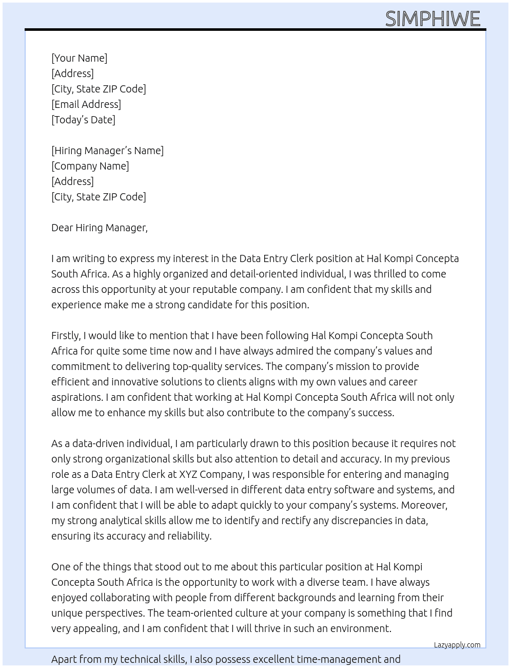 Data entry clerk At Hal Kompi Concepta South Africa  Cover Letter