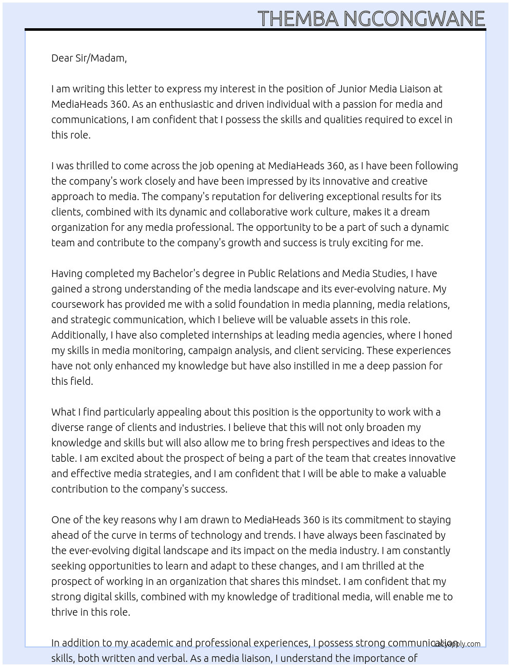 Junior Media Liaison At MediaHeads 360 Cover Letter