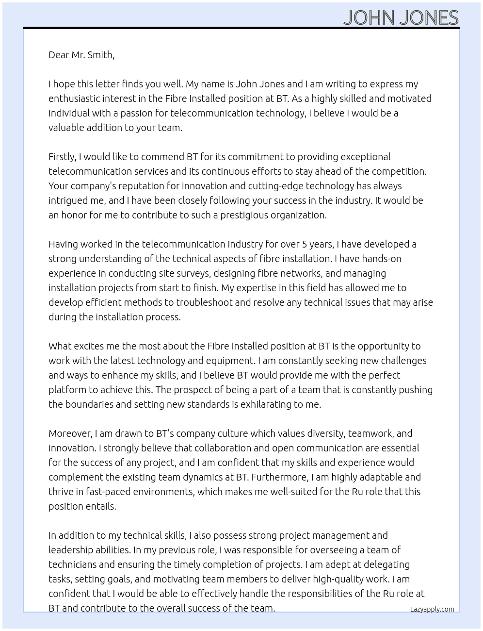 Cover letter for fibre installed - LazyApply