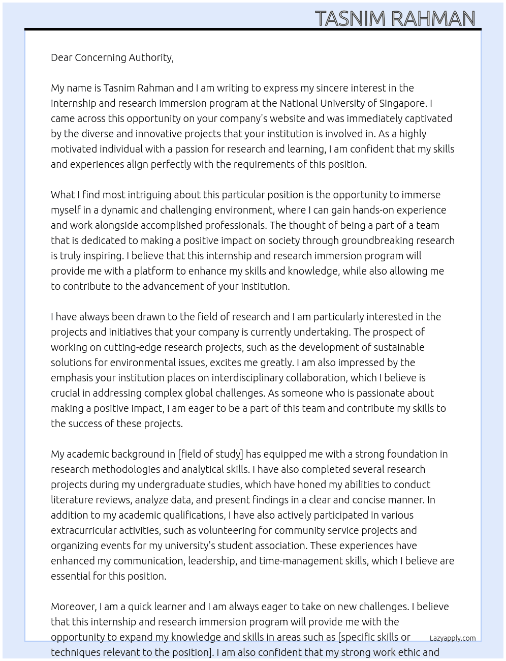 Cover letter for internship and research immersion program - LazyApply