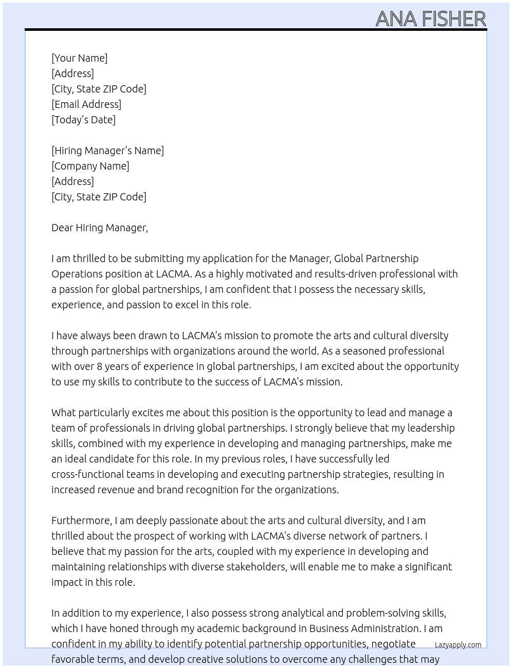 Manager, Global Partnership Operations At LACMA Cover Letter