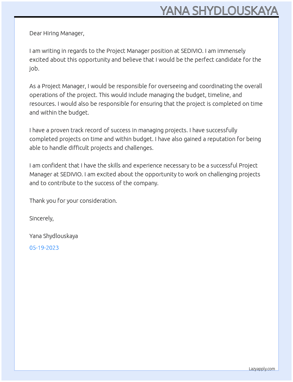 Project Manager  At SEDIVIO Cover Letter