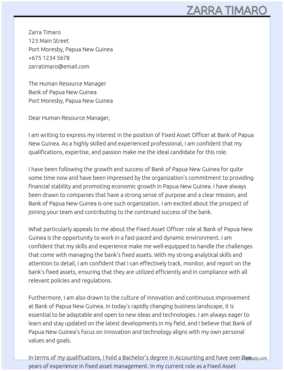 Fixed Asset Officer At Bank of Papua New Guinea  Cover Letter